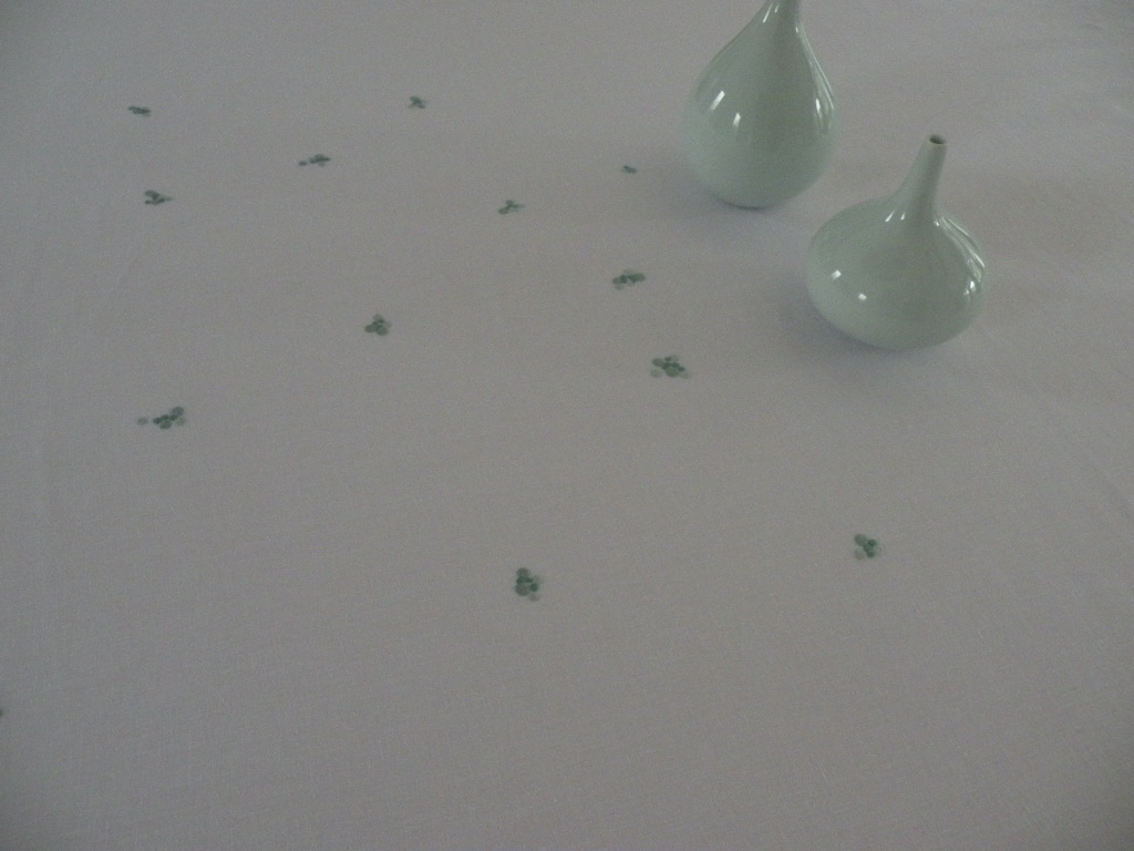 Celadon Bubbles on White Linen Tablecloth